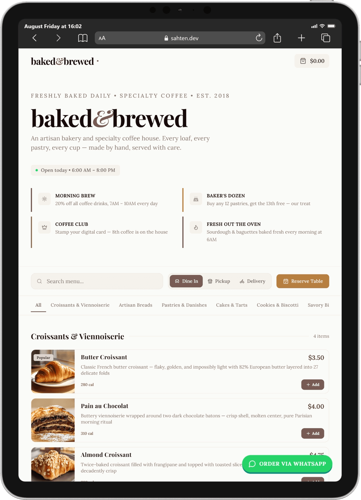 Sahten menu on a tablet