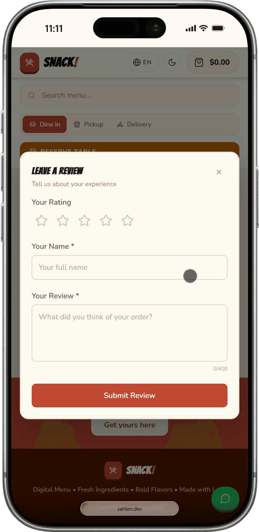 Sahten guest review form in English