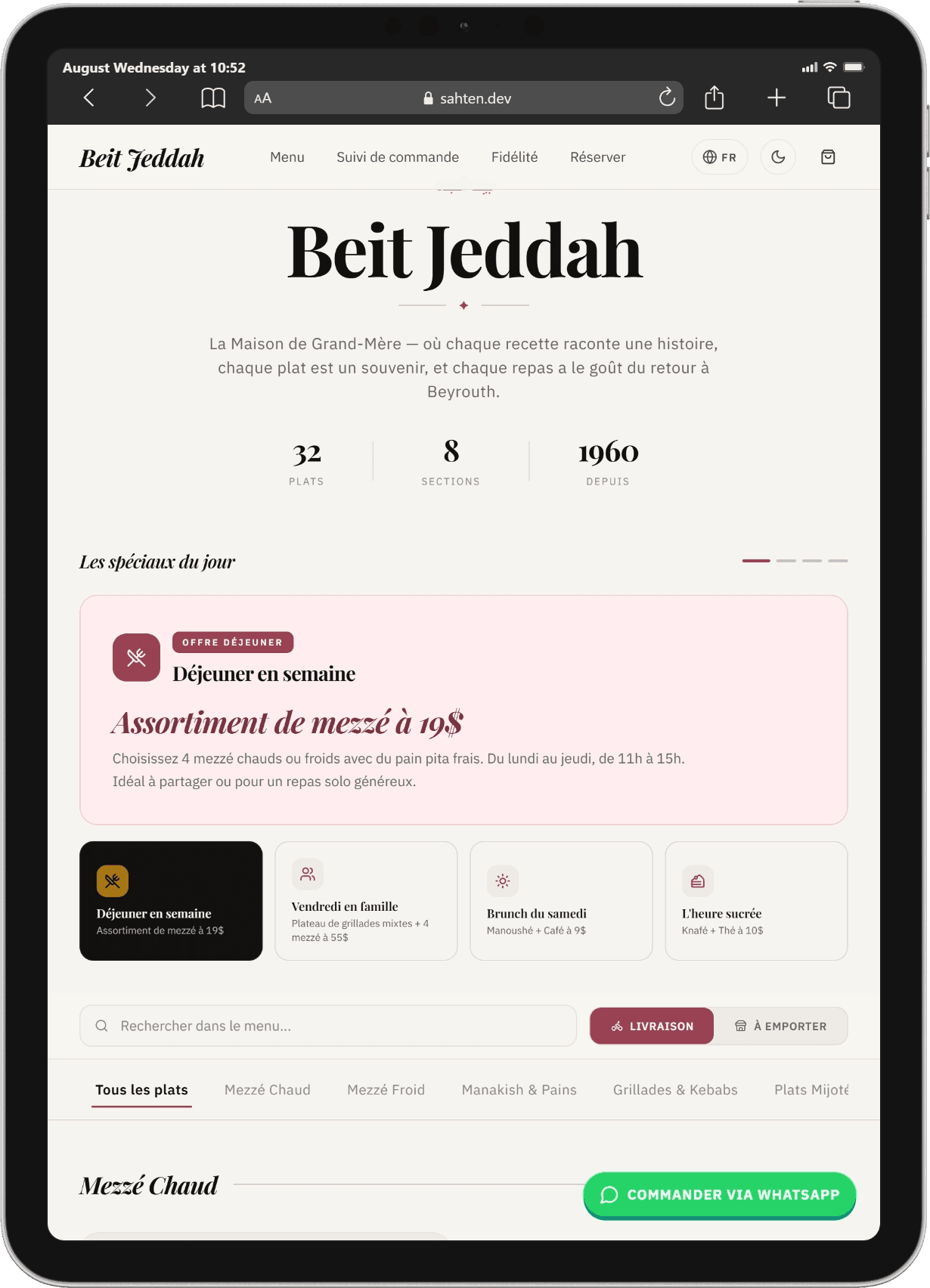 Sahten menu in French on a tablet