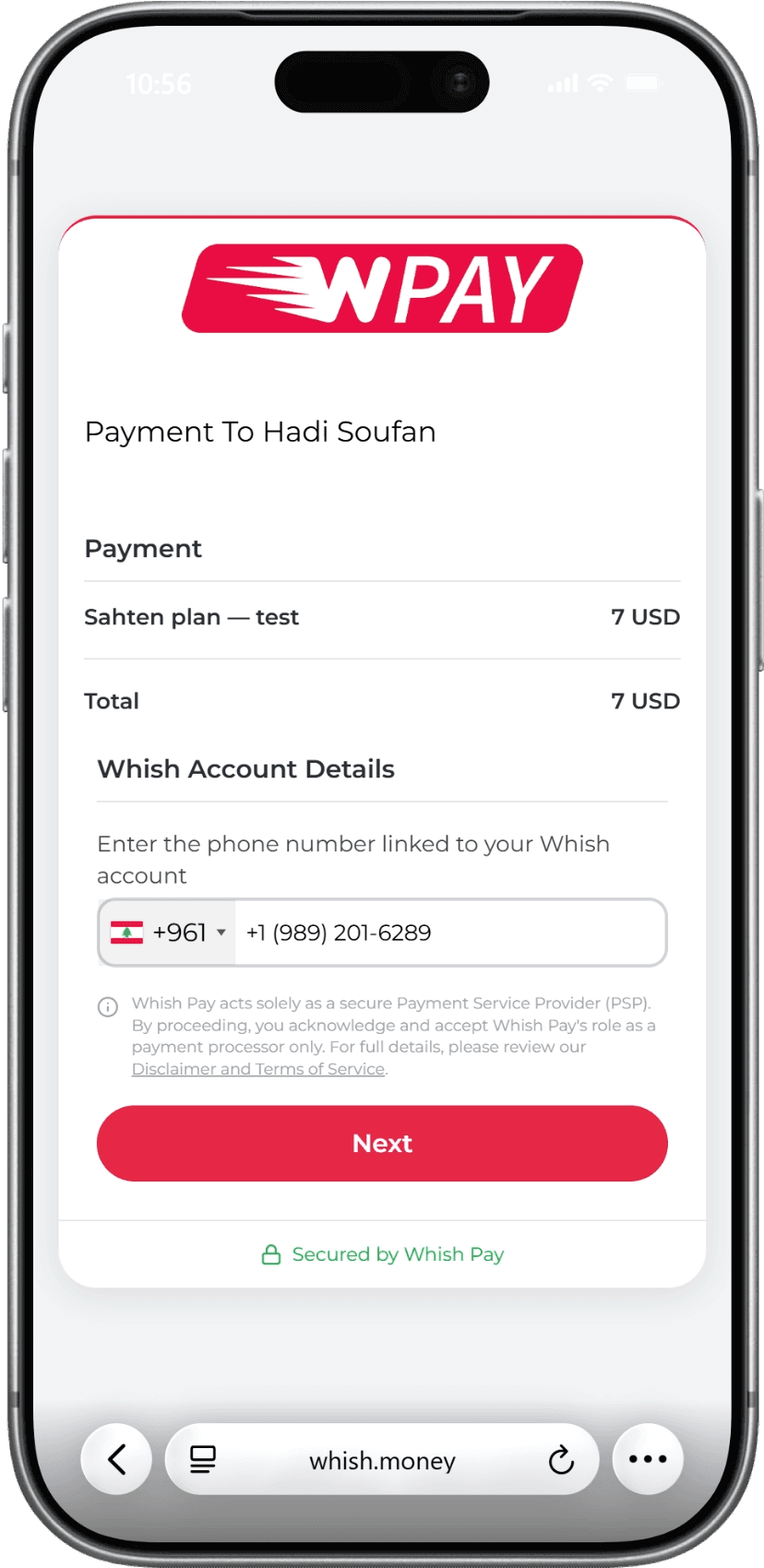 Whish Pay checkout on the Sahten menu