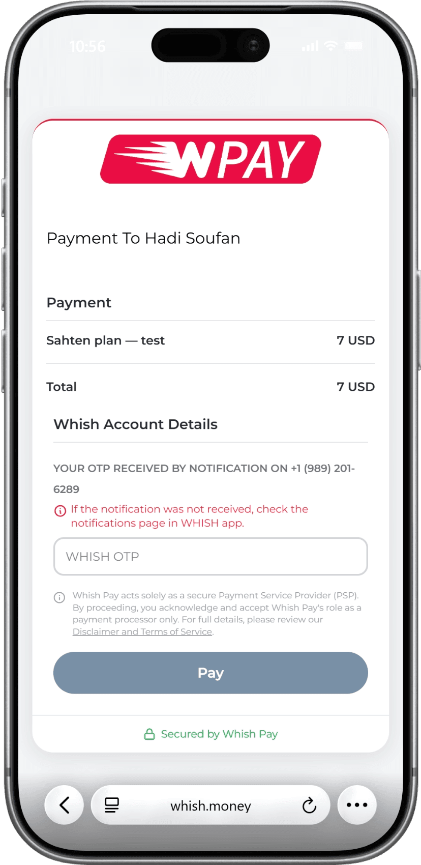 Whish Pay payment confirmation